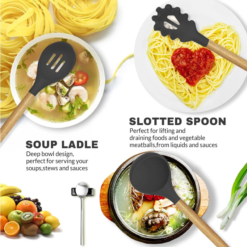 12pcs Silicone Kitchenware Cooking Utensils Set Non Stick Cookware Spatula Shovel Egg Beaters Baking Set with Storage Bucket