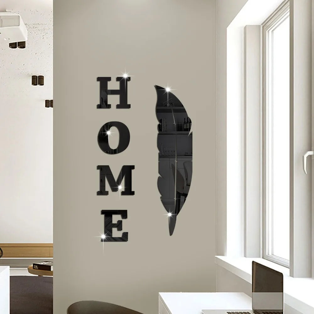 3D Home English Letter Feather Mirror Paste Decoration Room Porch Living Room Background Wall  Mirrors Modern Home Decoration