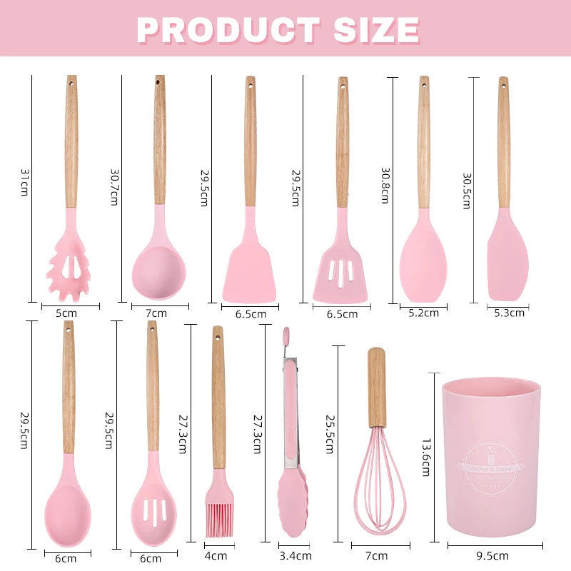 12pcs Silicone Kitchenware Cooking Utensils Set Non Stick Cookware Spatula Shovel Egg Beaters Baking Set with Storage Bucket