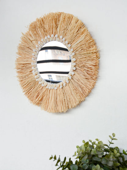 boho Home Furnishing Forest Raffia Decorative wall mirrors Raffia Woven Shell small yarn ballTapestry Living Room Decor mirror