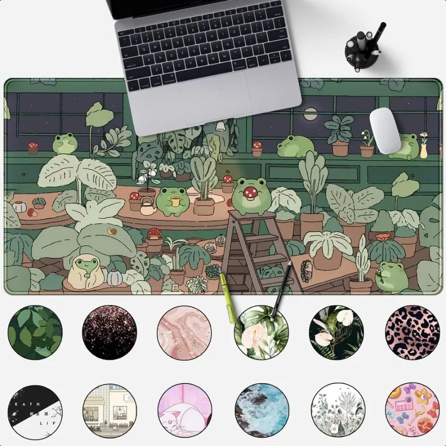 Cute Frog Kawaii Green Desk Decor Mat Large Gaming Mouse Pad for Computer Keyboard Laptop Home Office Accessories for Girl 31.5