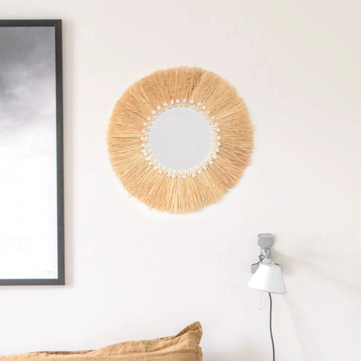 boho Home Furnishing Forest Raffia Decorative wall mirrors Raffia Woven Shell small yarn ballTapestry Living Room Decor mirror