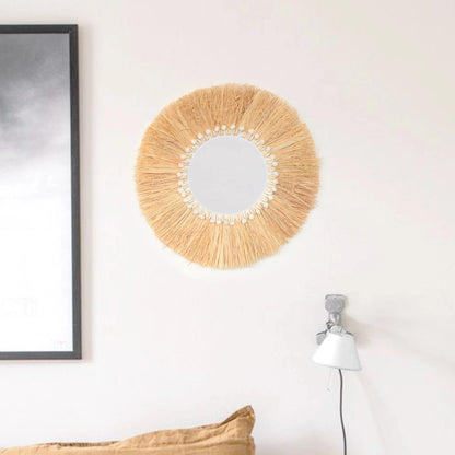 boho Home Furnishing Forest Raffia Decorative wall mirrors Raffia Woven Shell small yarn ballTapestry Living Room Decor mirror