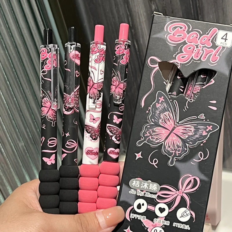 4Pcs Kawaii Butterfly Gel Pen Black Ink ST Nib Writing Smooth Soft Grip Sponge Pen School Office Accessories Stationery Supplies
