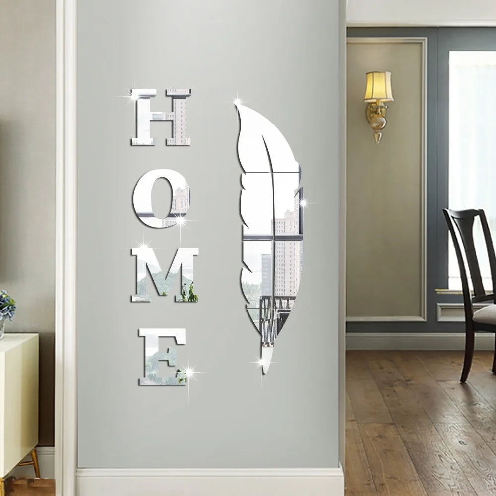 3D Home English Letter Feather Mirror Paste Decoration Room Porch Living Room Background Wall  Mirrors Modern Home Decoration