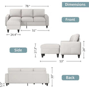 L-Shaped Couch Couches for Living Room, Convertible Sectional Sofa with Storage Ottoman, 3-Seat Sectional Sofas for Living Room