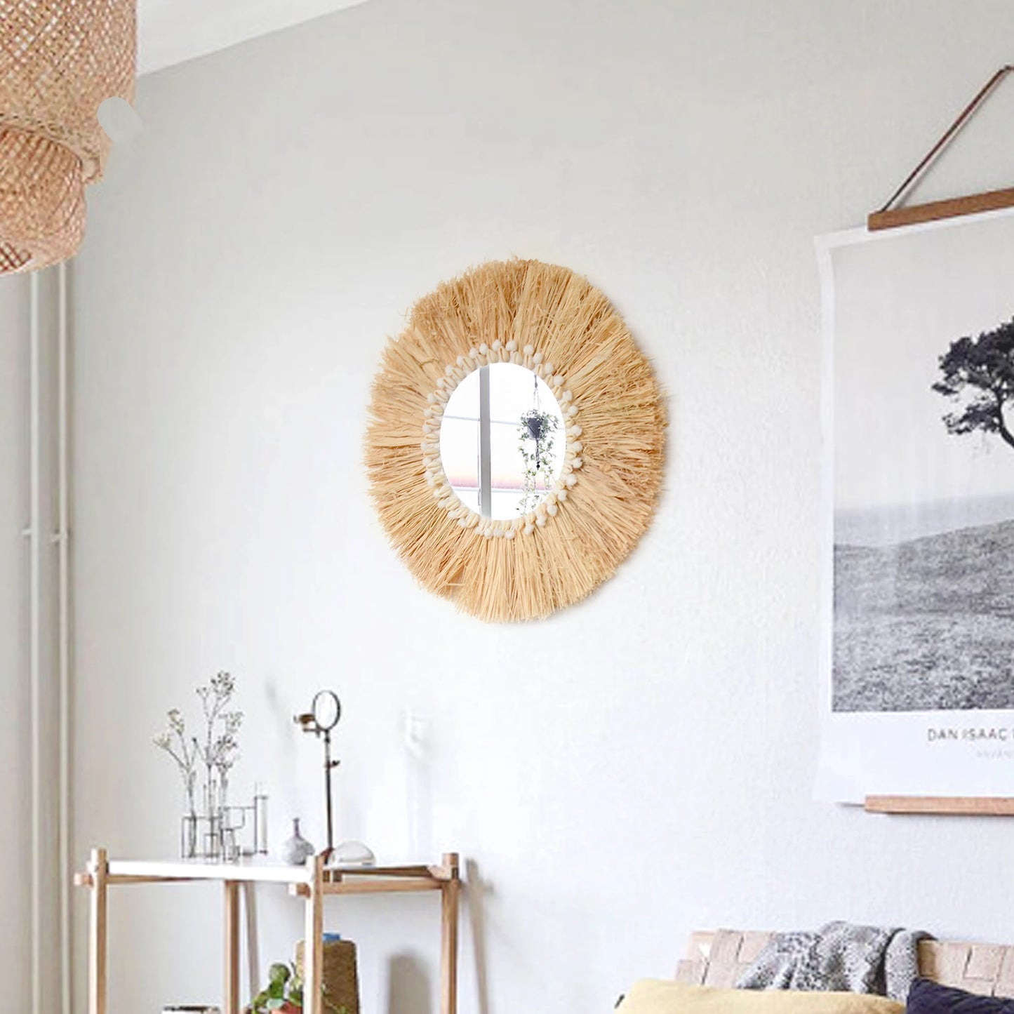 boho Home Furnishing Forest Raffia Decorative wall mirrors Raffia Woven Shell small yarn ballTapestry Living Room Decor mirror
