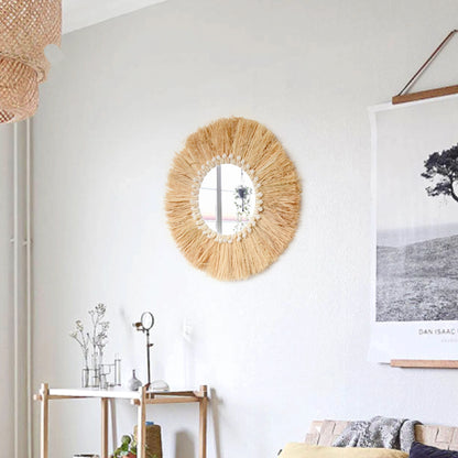 boho Home Furnishing Forest Raffia Decorative wall mirrors Raffia Woven Shell small yarn ballTapestry Living Room Decor mirror