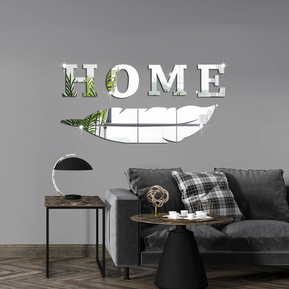 3D Home English Letter Feather Mirror Paste Decoration Room Porch Living Room Background Wall  Mirrors Modern Home Decoration