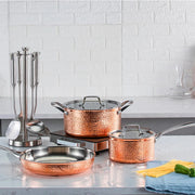 NO MOQ Copper Hammered Cookware Set, 5 Piece Triple Kitchenware Cooking Pot Includes Sauce pan, Casserole, Frying Pan