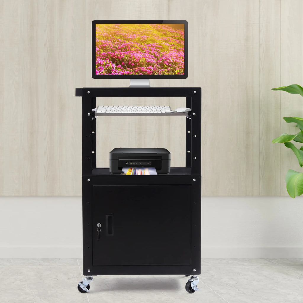 Adjustable Work Cart, 2-in-1 Design with Lockable Cabinet, 360° Wheels, Perfect for Office Devices & Documents