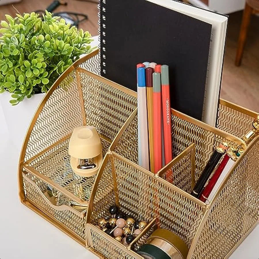 Ryder Gold Mesh Metal Small Desktop Organizer for Office Accessories Notebooks Pen Holder and Drawer
