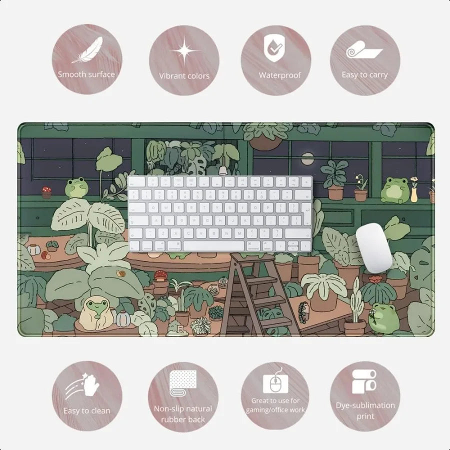Cute Frog Kawaii Green Desk Decor Mat Large Gaming Mouse Pad for Computer Keyboard Laptop Home Office Accessories for Girl 31.5