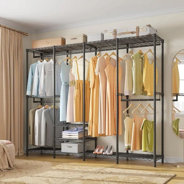 Wire Garment Rack Heavy Duty Clothes Rack for Hanging Clothes, Multi-Functional Bedroom Clothing Rack Freestanding