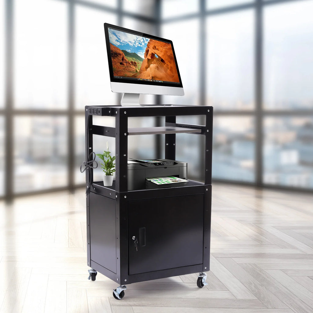 Adjustable Work Cart, 2-in-1 Design with Lockable Cabinet, 360° Wheels, Perfect for Office Devices & Documents
