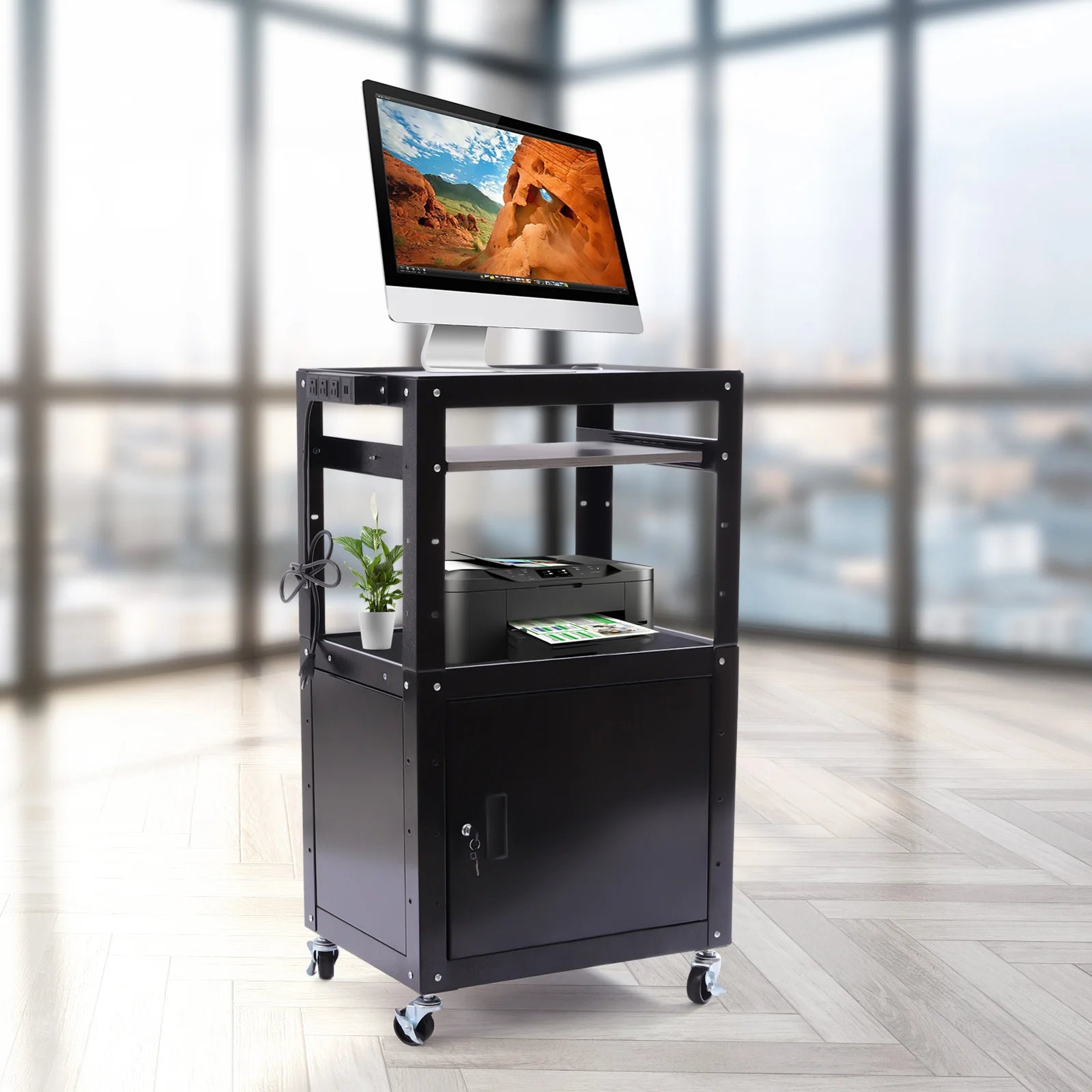 Adjustable Work Cart, 2-in-1 Design with Lockable Cabinet, 360° Wheels, Perfect for Office Devices & Documents