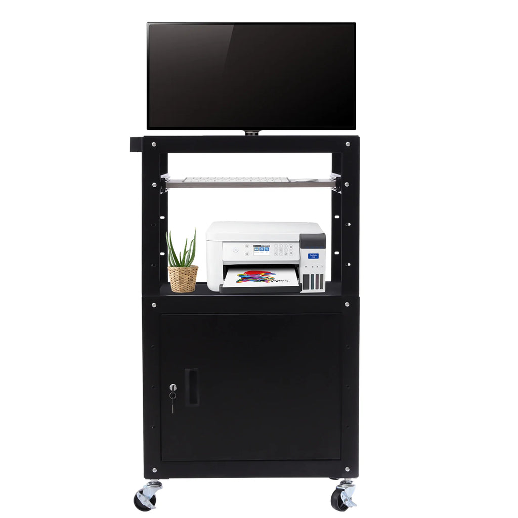 Adjustable Work Cart, 2-in-1 Design with Lockable Cabinet, 360° Wheels, Perfect for Office Devices & Documents