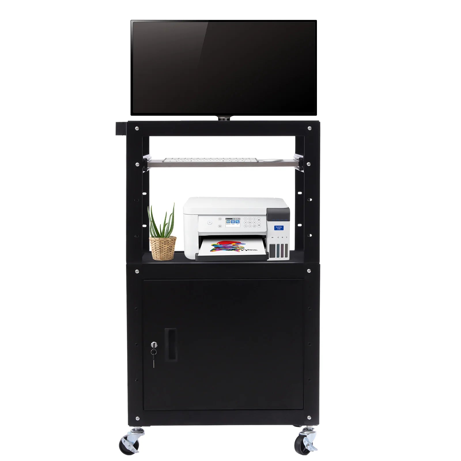 Adjustable Work Cart, 2-in-1 Design with Lockable Cabinet, 360° Wheels, Perfect for Office Devices & Documents