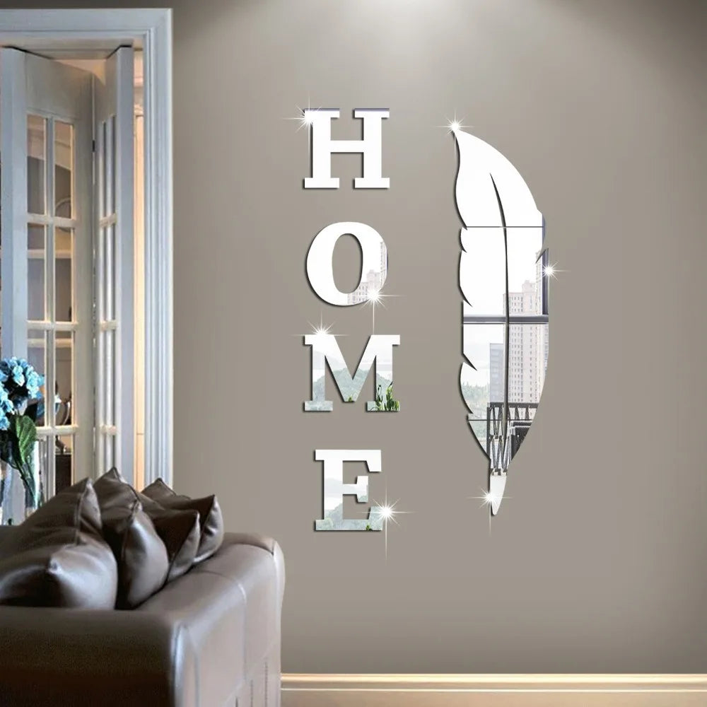 3D Home English Letter Feather Mirror Paste Decoration Room Porch Living Room Background Wall  Mirrors Modern Home Decoration
