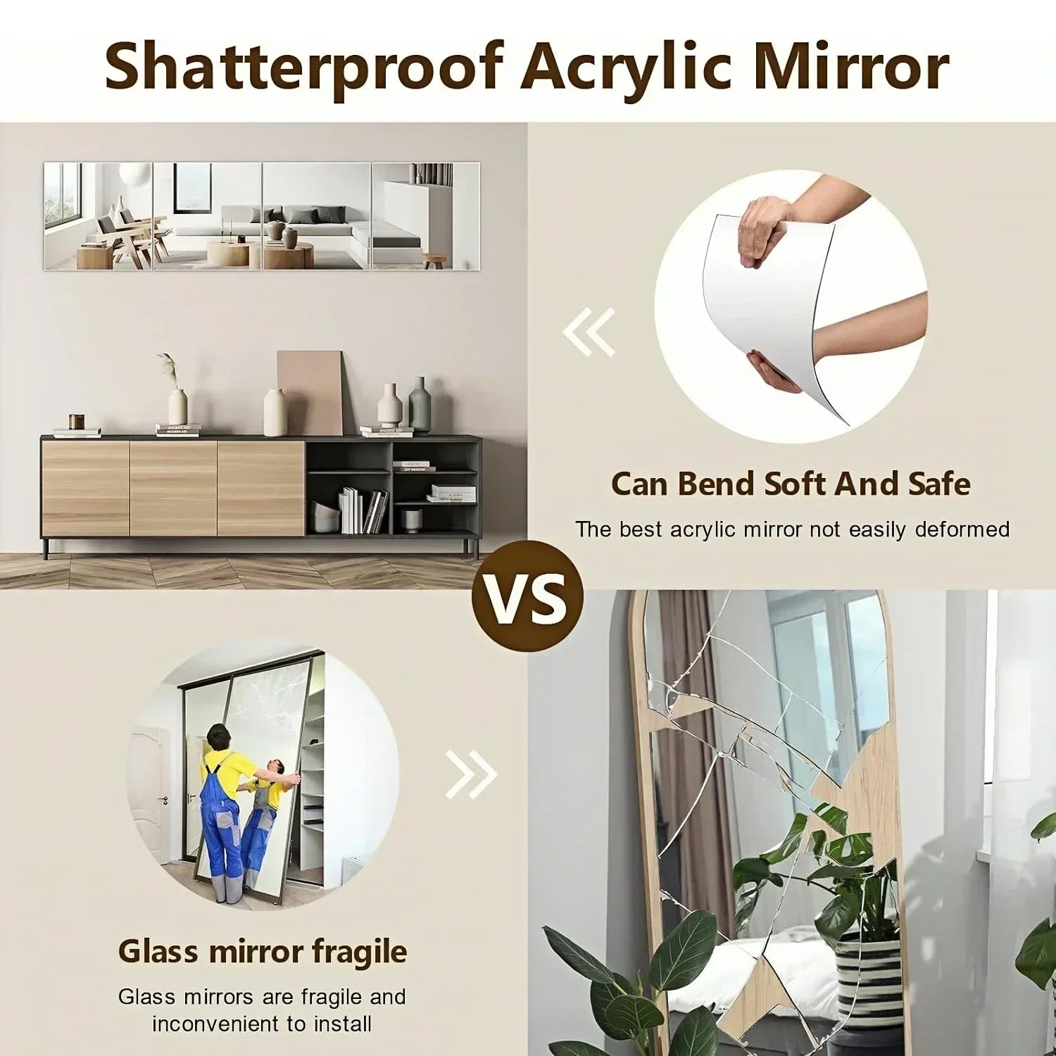 Flexible Acrylic Wall Mirrors Adhesive Mirror Sticker for Home Gym,Bedroom,Bathroom,living Room,Unbreakable Decorative Mirrors