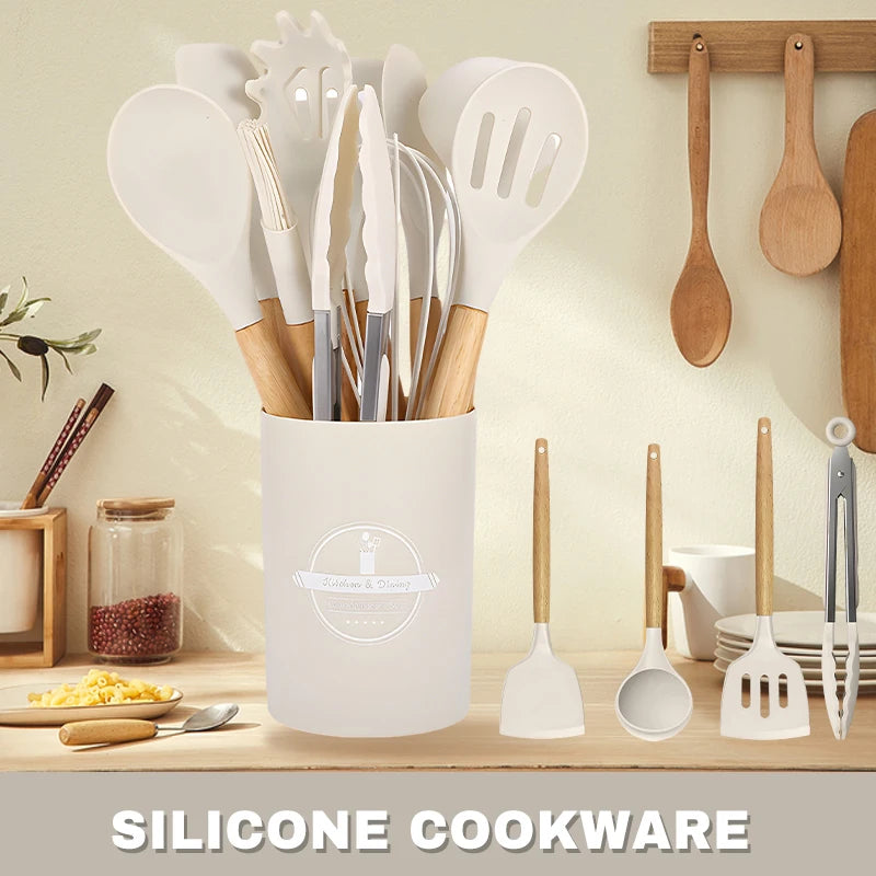 12pcs Silicone Kitchenware Cooking Utensils Set Non Stick Cookware Spatula Shovel Egg Beaters Baking Set with Storage Bucket