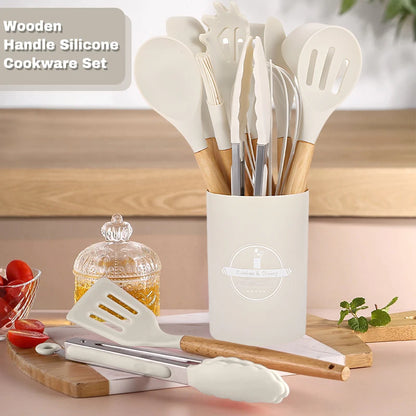 12pcs Silicone Kitchenware Cooking Utensils Set Non Stick Cookware Spatula Shovel Egg Beaters Baking Set with Storage Bucket