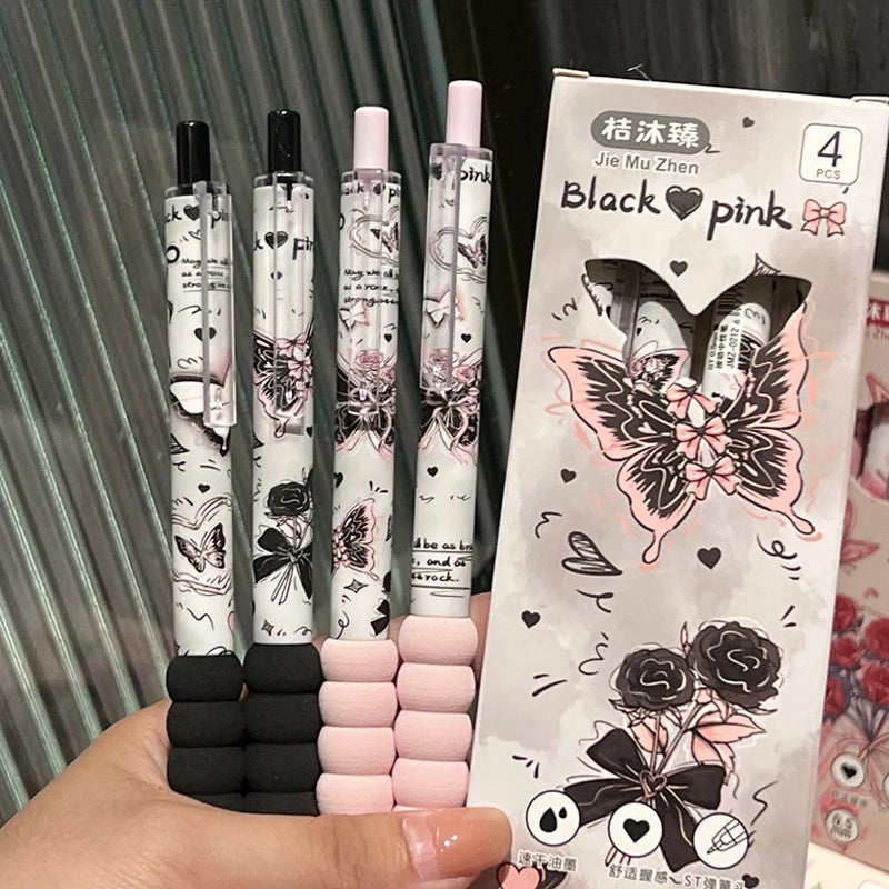 4Pcs Kawaii Butterfly Gel Pen Black Ink ST Nib Writing Smooth Soft Grip Sponge Pen School Office Accessories Stationery Supplies