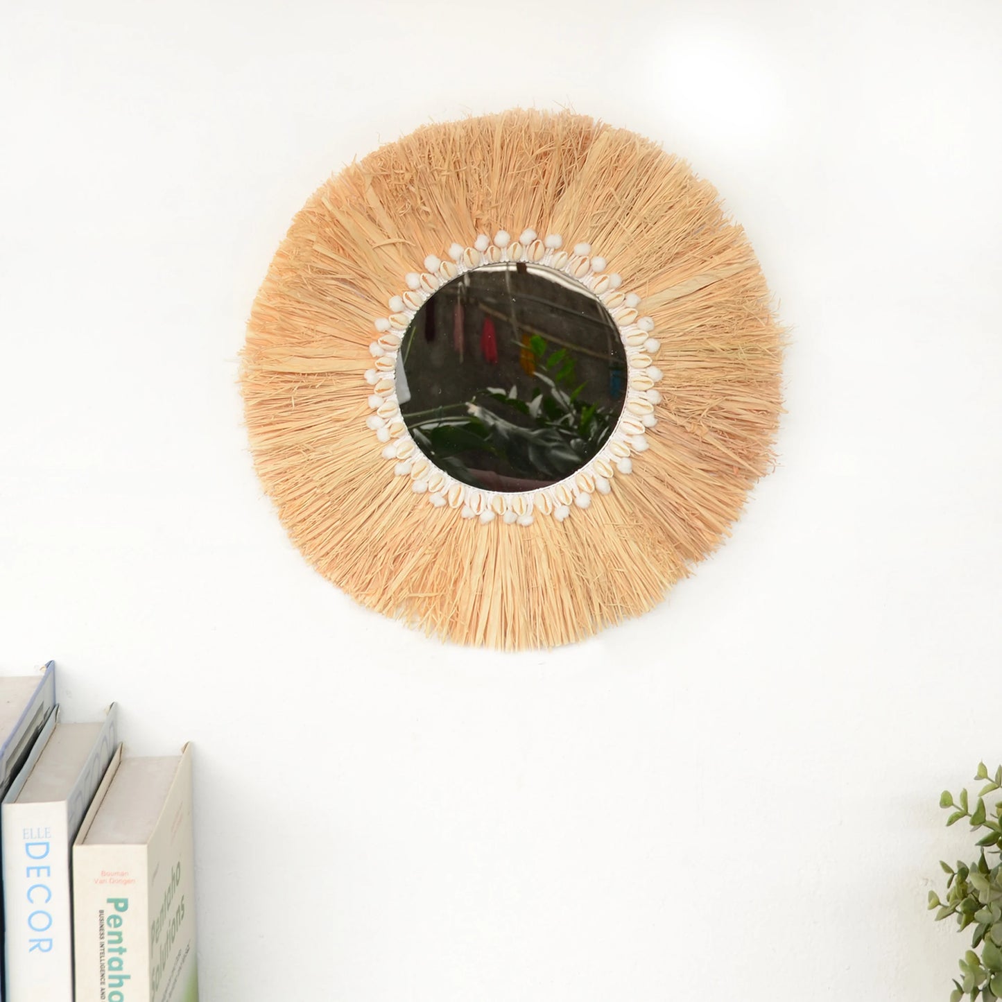 boho Home Furnishing Forest Raffia Decorative wall mirrors Raffia Woven Shell small yarn ballTapestry Living Room Decor mirror