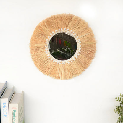 boho Home Furnishing Forest Raffia Decorative wall mirrors Raffia Woven Shell small yarn ballTapestry Living Room Decor mirror