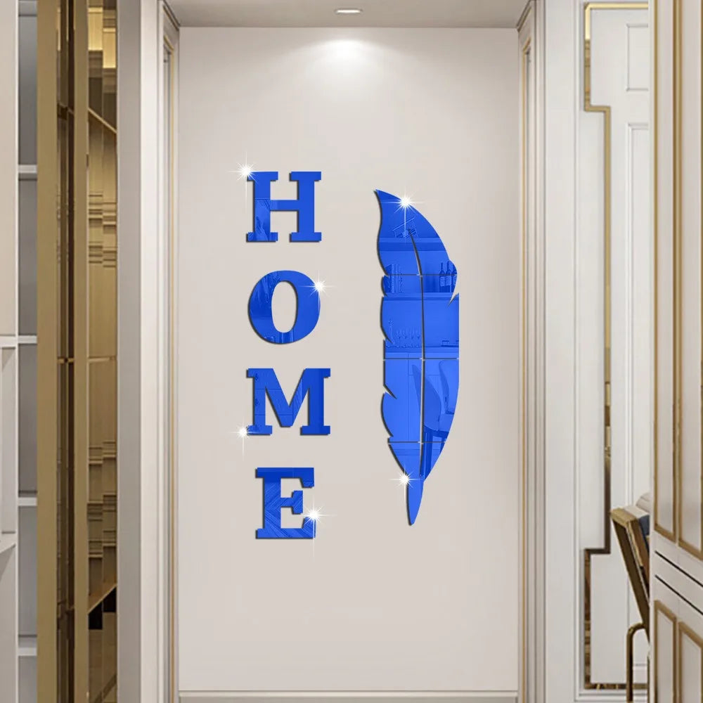 3D Home English Letter Feather Mirror Paste Decoration Room Porch Living Room Background Wall  Mirrors Modern Home Decoration