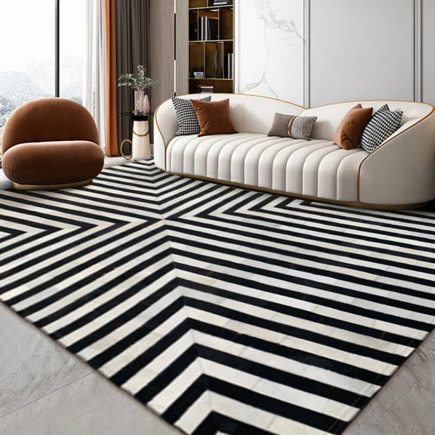 Modern Luxury Cowhide Carpet Black and White Stripes Mosaic Floor Mat Living Room Sofa Tea Table Cushion Bedroom Bedside Rug