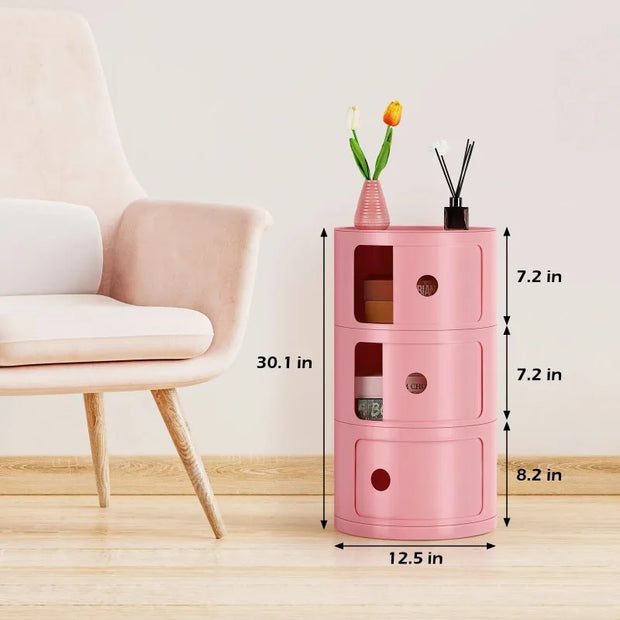 3 Drawer Sliding Barrel Modern Bedroom Nightstand, Pink