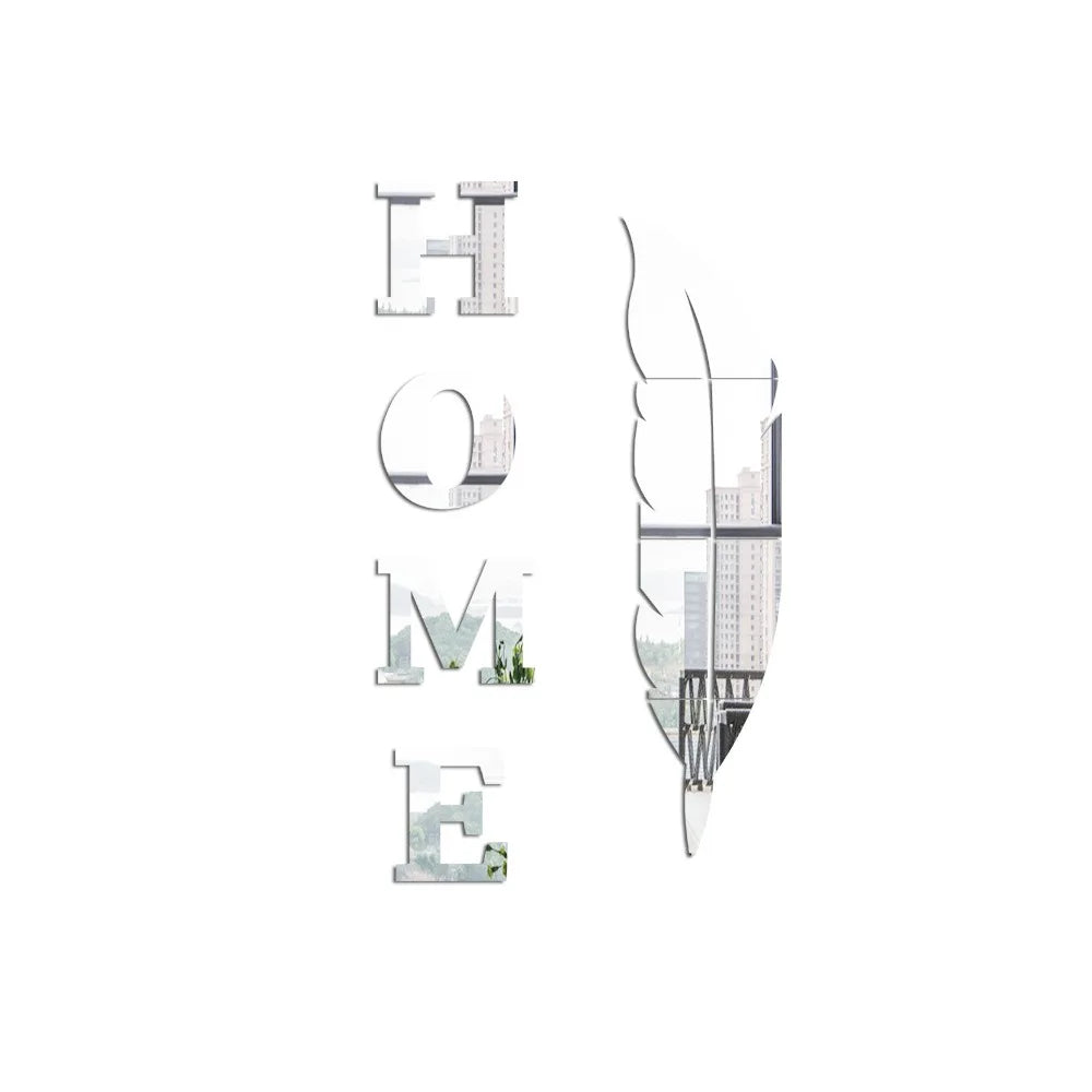 3D Home English Letter Feather Mirror Paste Decoration Room Porch Living Room Background Wall  Mirrors Modern Home Decoration