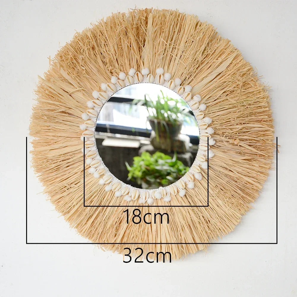 boho Home Furnishing Forest Raffia Decorative wall mirrors Raffia Woven Shell small yarn ballTapestry Living Room Decor mirror