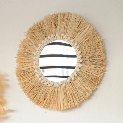 boho Home Furnishing Forest Raffia Decorative wall mirrors Raffia Woven Shell small yarn ballTapestry Living Room Decor mirror