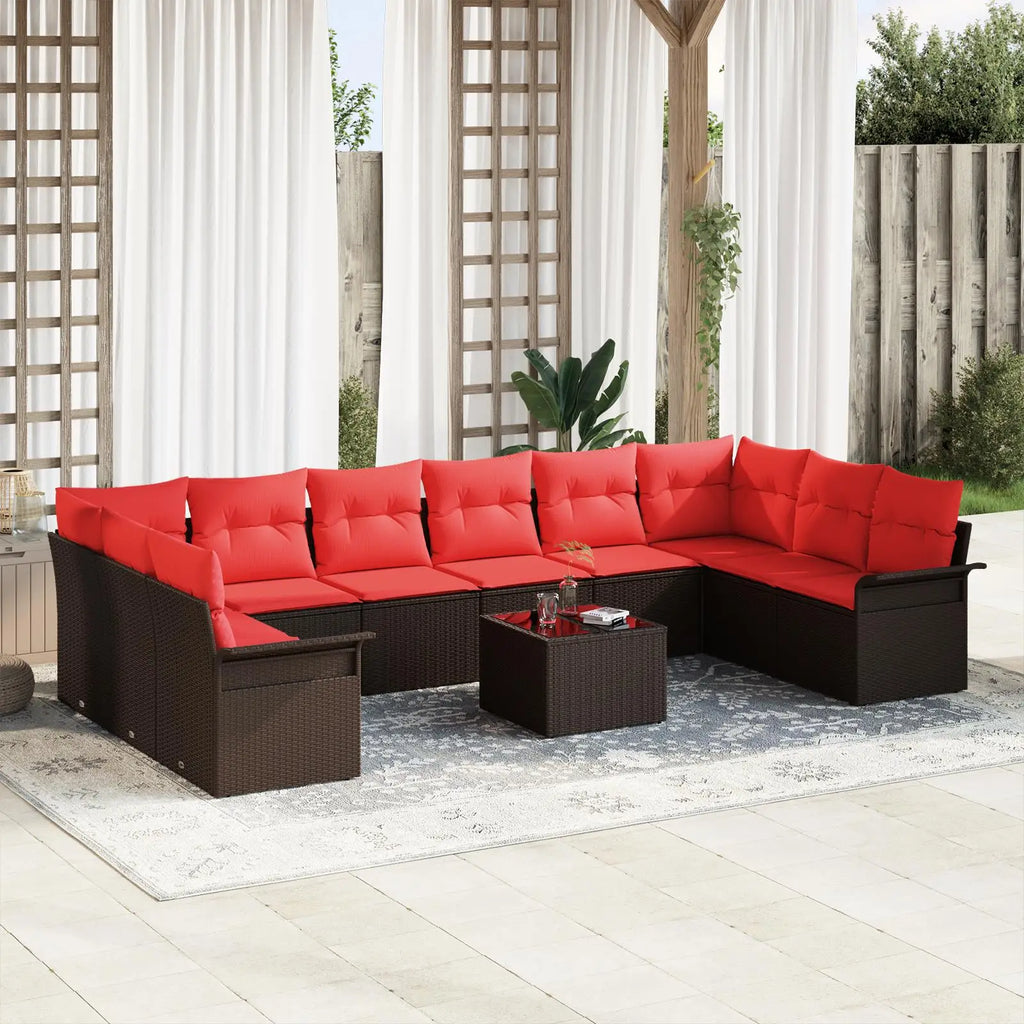 Modern 11 Piece Outdoor Garden Sofa Set with Cushions Comfortable Brown Poly Rattan Furniture for Patio and Yard