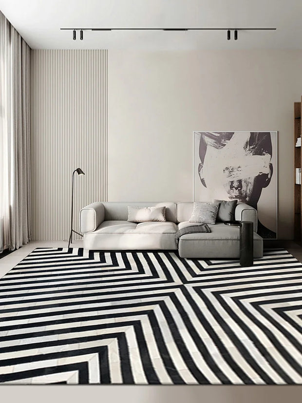 Modern Luxury Cowhide Carpet Black and White Stripes Mosaic Floor Mat Living Room Sofa Tea Table Cushion Bedroom Bedside Rug