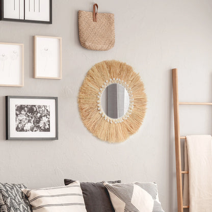 boho Home Furnishing Forest Raffia Decorative wall mirrors Raffia Woven Shell small yarn ballTapestry Living Room Decor mirror