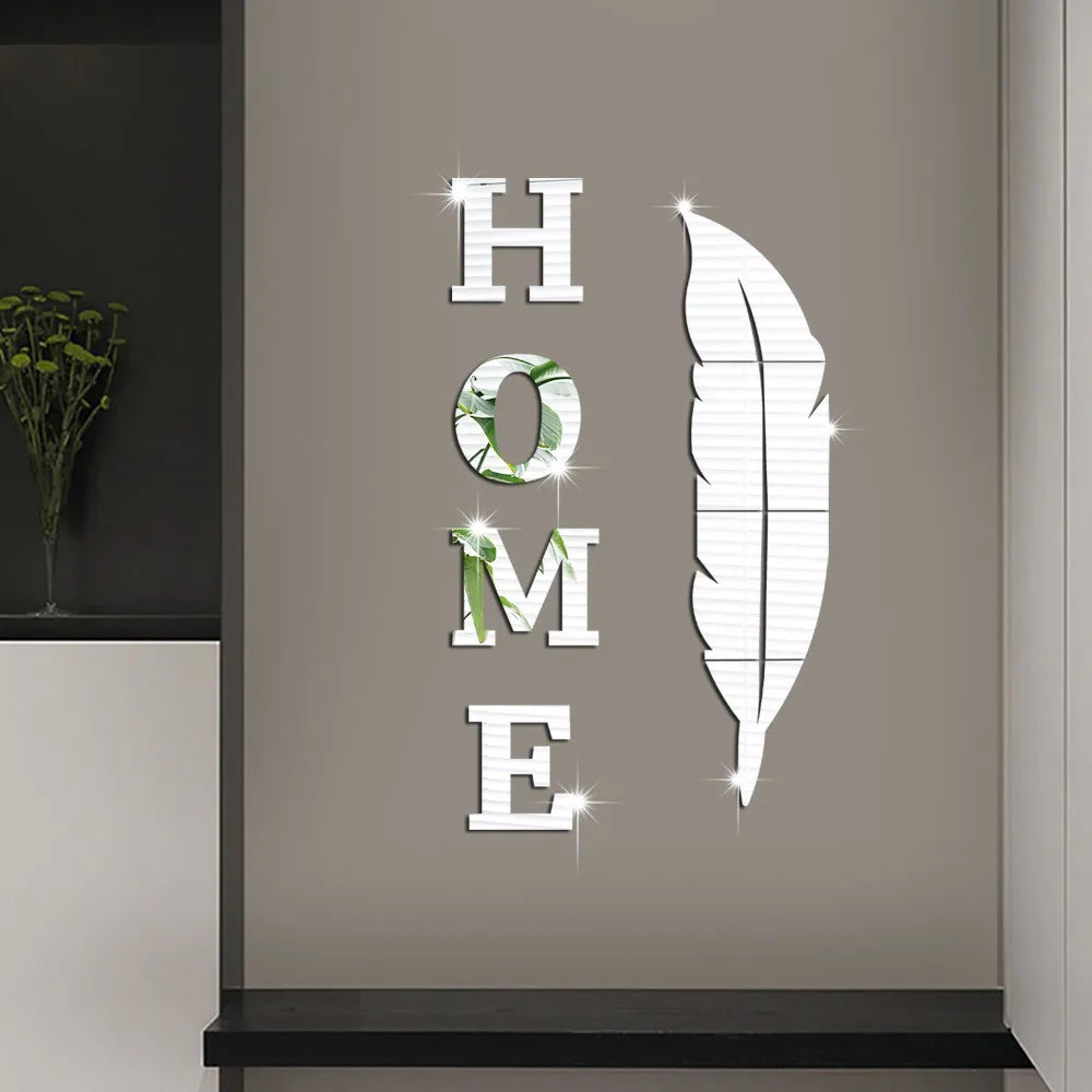 3D Home English Letter Feather Mirror Paste Decoration Room Porch Living Room Background Wall  Mirrors Modern Home Decoration