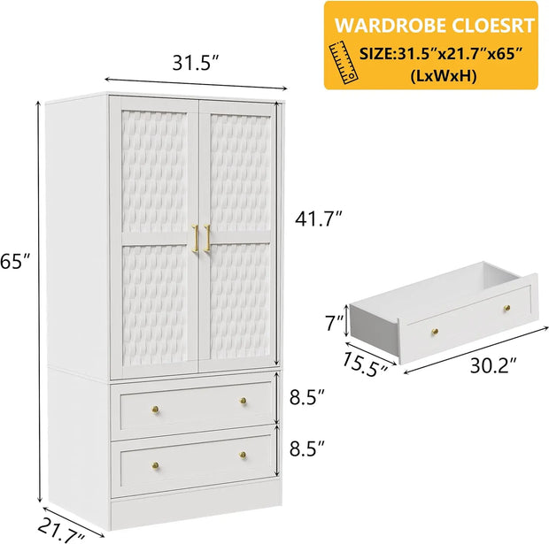 Armoire Wardrobe Closet with 2 Woven Doors, Storage Closet Cabinet w/ Drawers, Hanging Rod, Freestanding Wooden Armoire Wardrobe