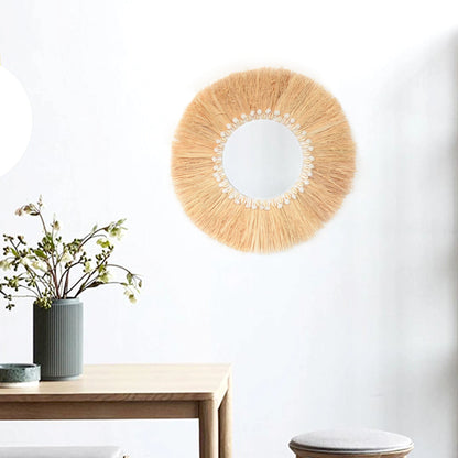 boho Home Furnishing Forest Raffia Decorative wall mirrors Raffia Woven Shell small yarn ballTapestry Living Room Decor mirror