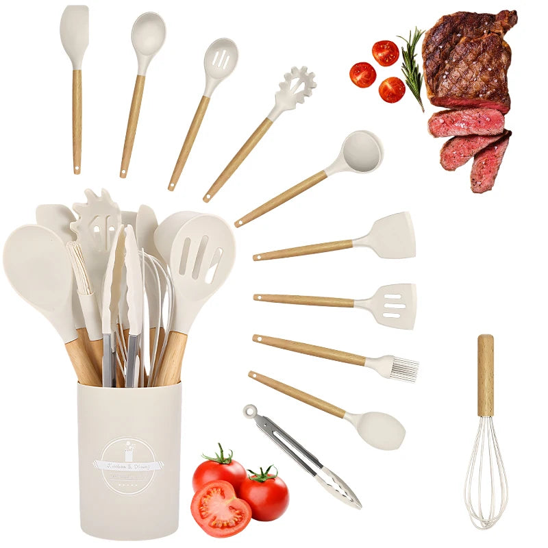 12pcs Silicone Kitchenware Cooking Utensils Set Non Stick Cookware Spatula Shovel Egg Beaters Baking Set with Storage Bucket