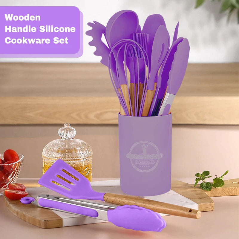12pcs Silicone Kitchenware Cooking Utensils Set Non Stick Cookware Spatula Shovel Egg Beaters Baking Set with Storage Bucket
