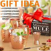 Moscow Mule Copper Mugs - Set of 4 - 100% HANDCRAFTED - Food Safe Pure Solid Copper Mugs - 16 oz Gift Set with BONUS: Highest Quality Cocktail Copper